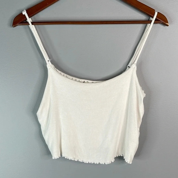 GARAGE Ribbed Crop Cami Top White Spaghetti Strap Lettuce Hem Baddie Size L - Picture 10 of 10